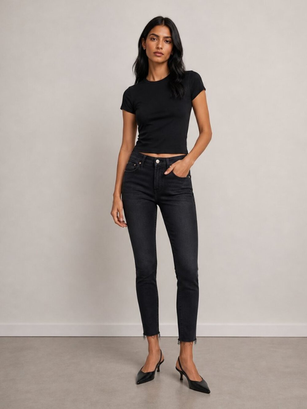 FRAME Le High Skinny Crop Jeans Black Stretch Denim Size 28